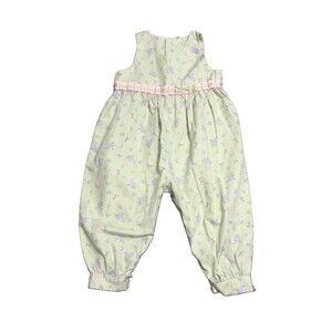 Hartstrings Girls 2T Sage Green Floral Cotton Sleeveless Longall Romper Bow Trim